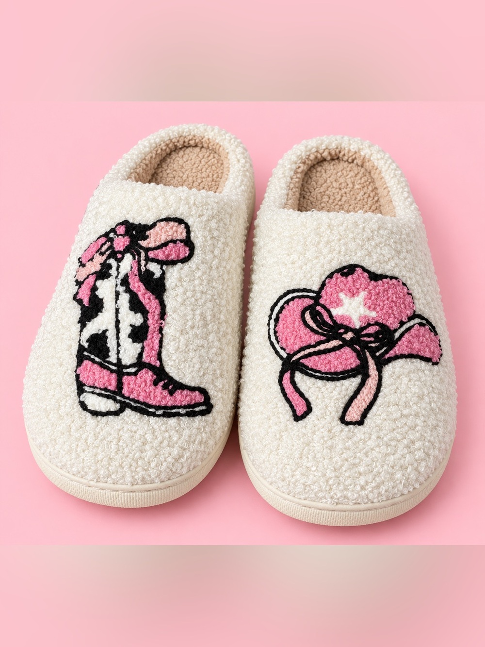 Cream Sherpa cowgirl Slippers with pink, cowboy hat, and boots fits size 9